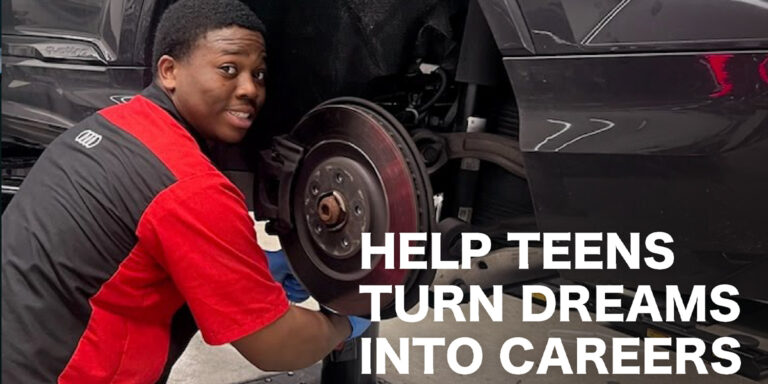 The image reads "Help Teens Turn Dreams into Careers". The image is of a Boys and Girls club member working on the rim of a car, illustrating the importance of Honoring Rick Case's legacy by supporting the next generation of Skilled Professionals.