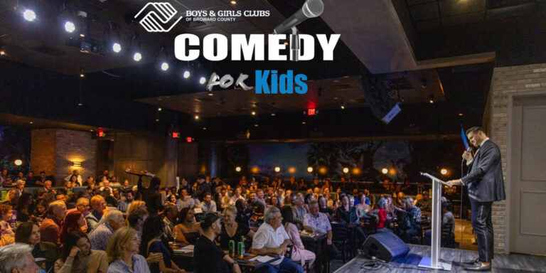 The Boys and Girls Club of Broward County Logo and the words 'Comedy for Kids' overlayed over an image of the event's crowd.