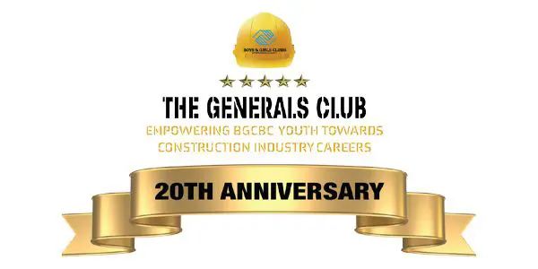 "The General's Club, empowering BGCBC Youth Towards Construction Industry Careers. 20th anniversary' Logo.