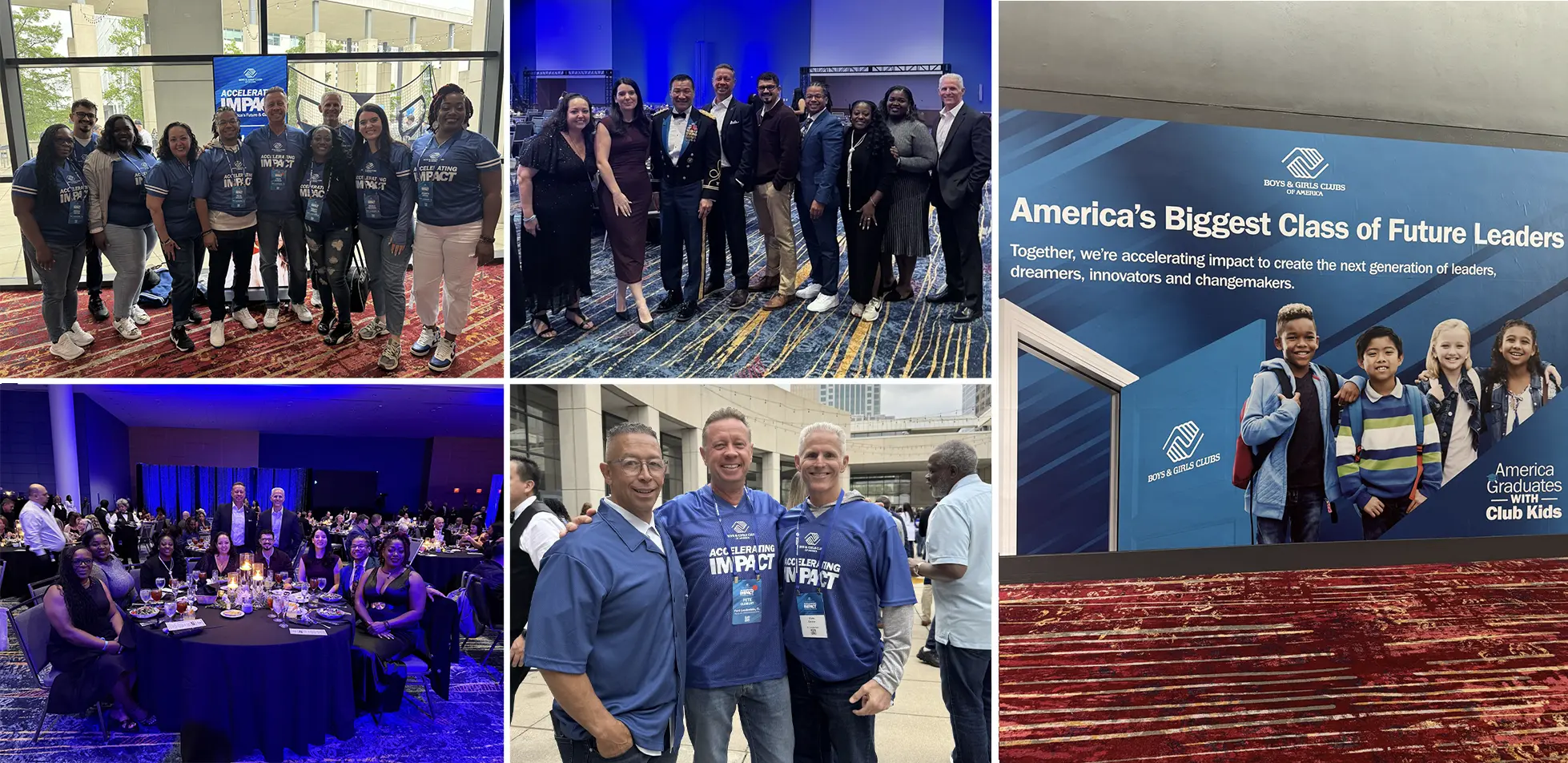 A collage of images from the 2026 Boys & Girls clubs of America National Conference. The first image is a group photo of our attending BGCBC staff posing together in the conference hall. The second image is of our attending BGCBC staff posing inside the event. The third image is a group picture of our attending BGCBC staff sitting together at their table at the conference. The fourth image is of Peter Oldbury, Chris Gentile, and another attendee of the conference posing together outside of the event. The fifth image is of a banner that reads "America's Biggest Class of Future Leaders. Together we are accelerating impact to create the next generation of leaders, dreamers, innovators, and changemakers"