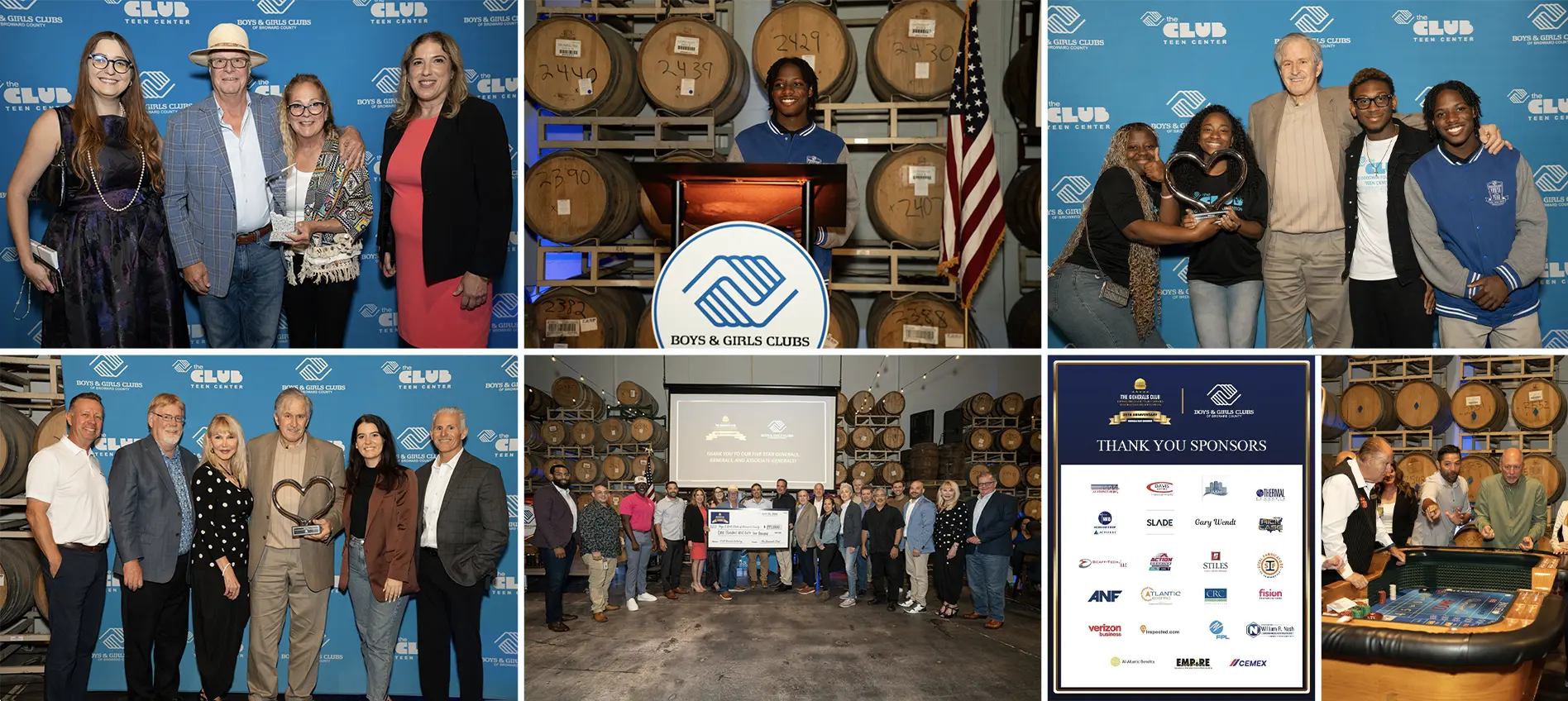 A collage of images from the 20th annual General's Gathering. The first image is of Doug Cady with his Generals Club Leadership Award. The second picture is of the 2025 Youth of the Year from our Leo Goodwin Foundation Teen Center addressing the audience. The third image is of Bob Case posing with BGCBC Club members. The fourth image is of Bob Case with his Gratitude Award. The fifth image is a group image of the event's attendees and a large check. The sixth image is of event's sponsor logos. The seventh image is of attendees playing at a table game.