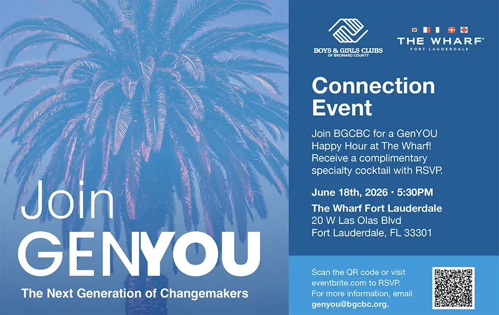 A flyer for the GenYOU Wharf event. It features a palm tree, the BGCBC logo, and The Wharf Fort Lauderdale logos along with a QR code.