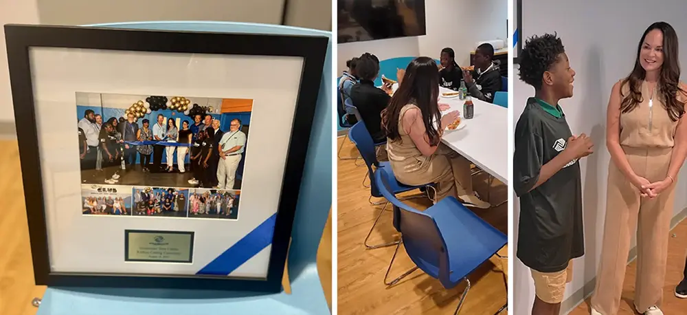 A collage of three images. The first image is of the framed photo of the Hierhozler Teen Center's ribbon cutting. The second image is of Christy Hierhozler sitting at a table with three BGCBC Teen club members. The third image is of Christy Hierhozler listening to a BGCBC Teen club member.