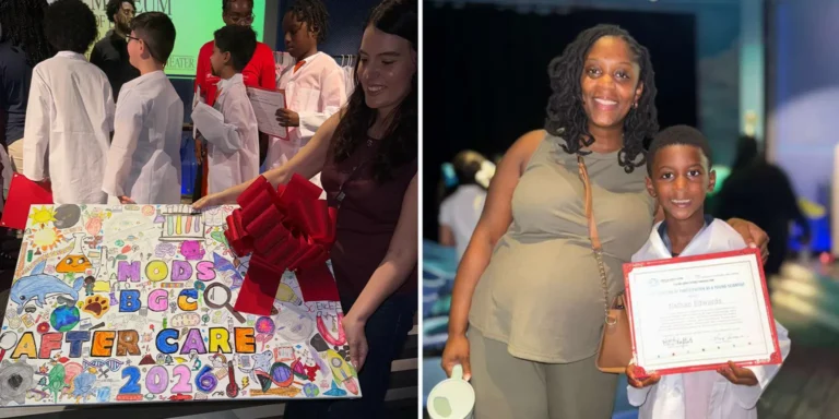 The first image is of a BGCBC Staff member holding a hand-drawn sign with Science imagery that reads "MODS BGC After Care 2026". The second image is of a Club Member posing with their Mom. The club member is wearing a lab coat and holding their certificate.